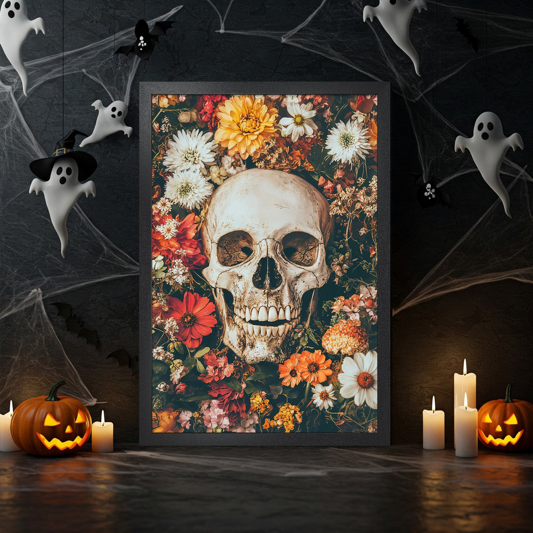 Framed Poster featuring a floral skull design in a dark, moody style with a rich, autumnal color palette. Perfect Halloween decor!