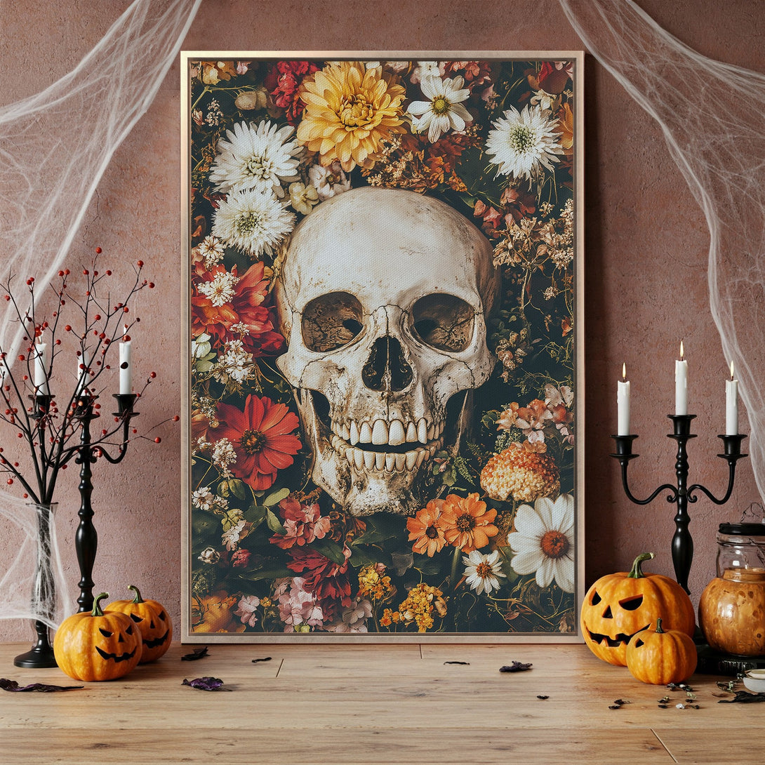 Framed Wall Art featuring a skull and floral design in a moody, vintage style. Rich red, orange, and cream color palette, perfect for Halloween decor.