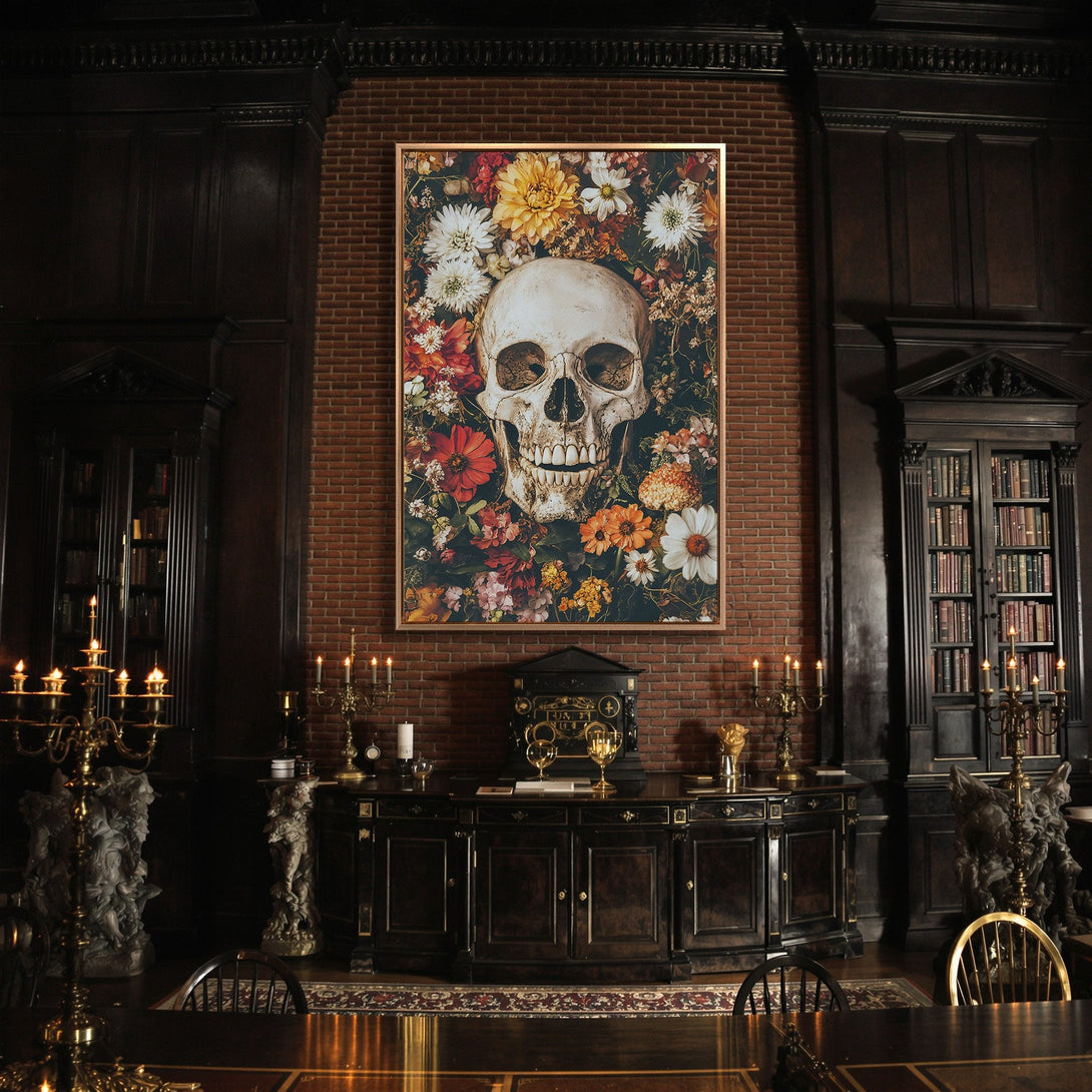 Framed Wall Art: Skull and floral Canvas Print in a dark, gothic interior. Features a skull surrounded by colorful flowers, with a rich, moody color palette.