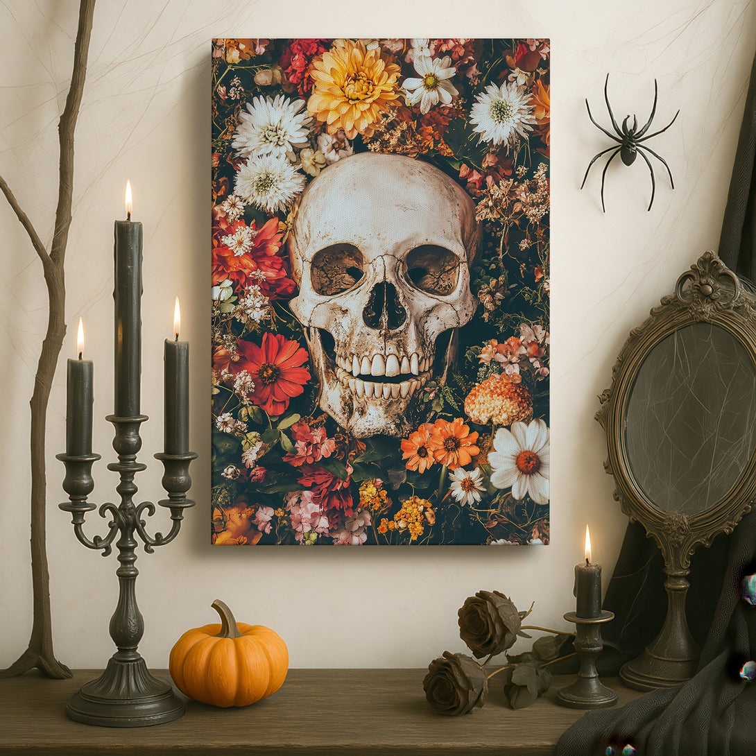 Framed Wall Art: Skull and floral print in a dark, gothic interior. Rich color palette with reds, oranges, and yellows. Perfect for adding a unique touch.