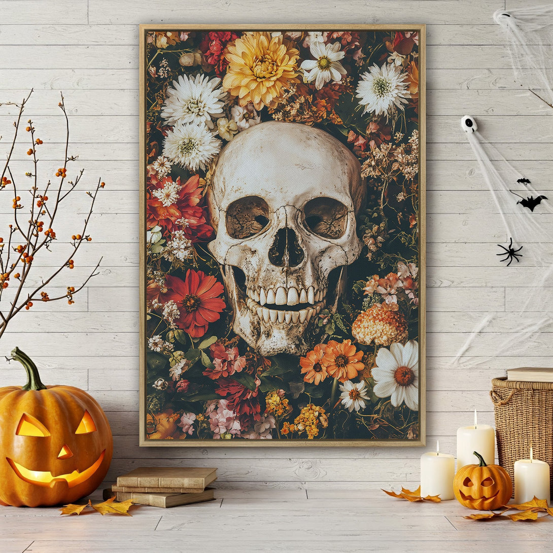 Framed Wall Art: Skull and floral art print in a vintage style with a warm, autumnal color palette. Perfect Halloween decor!
