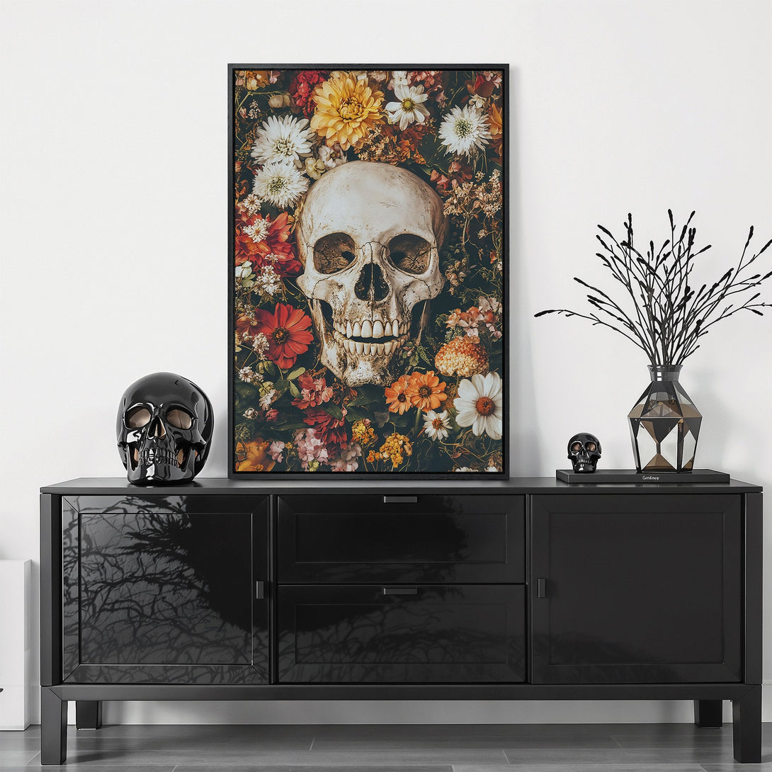 Framed Wall Art: Skull and floral print. Dark, moody style with a vibrant, warm color palette. Perfect for adding a unique touch to your home decor.