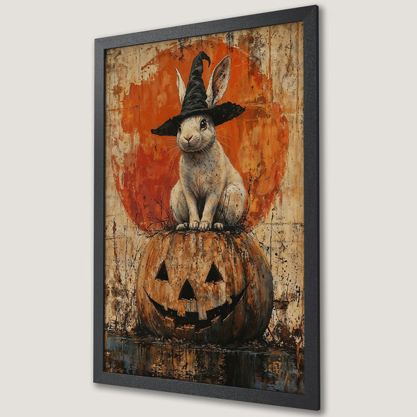 Framed Poster featuring a Halloween bunny wearing a witch hat on a pumpkin, with an orange and brown color palette and a vintage style.
