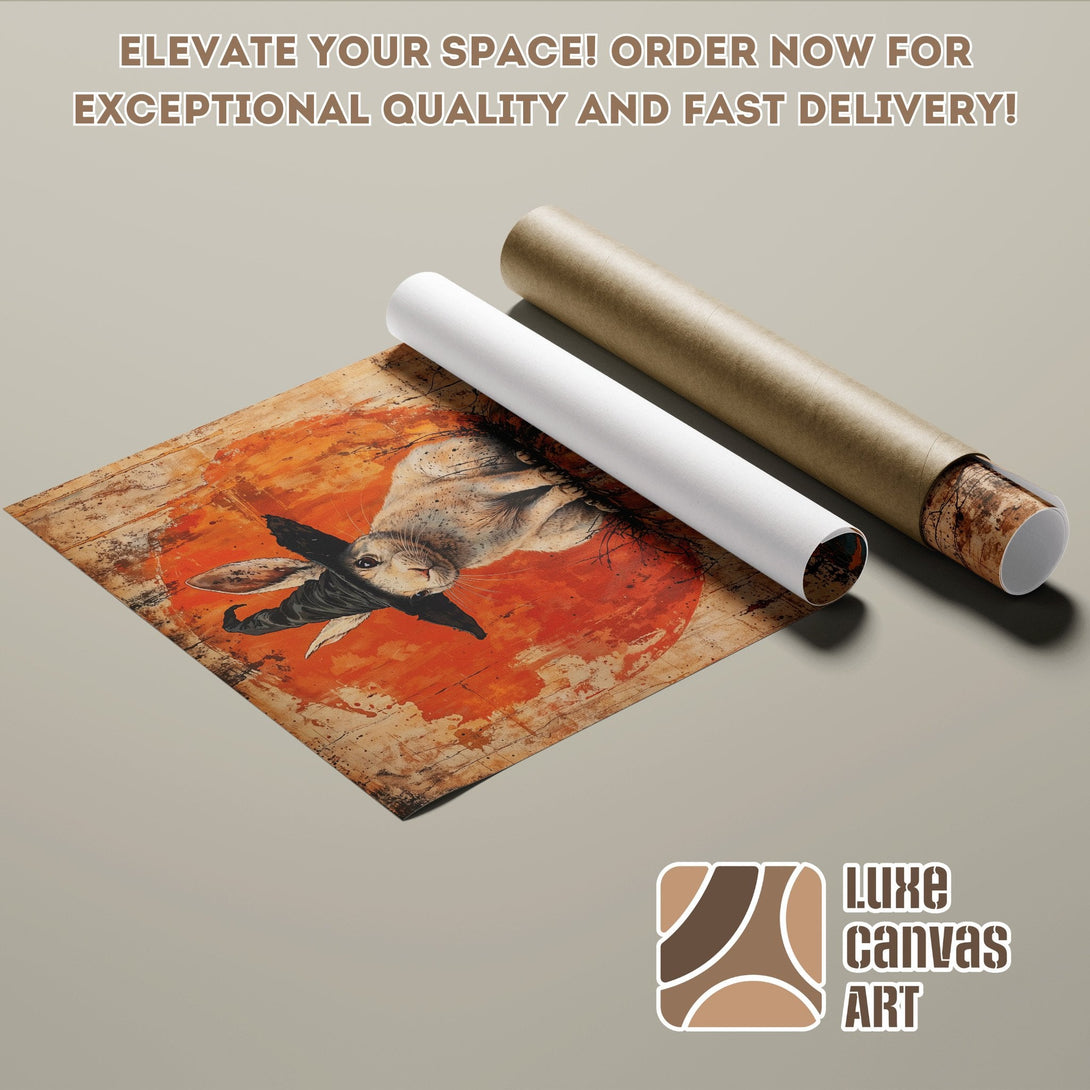 Poster Roll featuring a whimsical rabbit in a witch hat, rustic style, warm orange and brown tones. Order yours today!