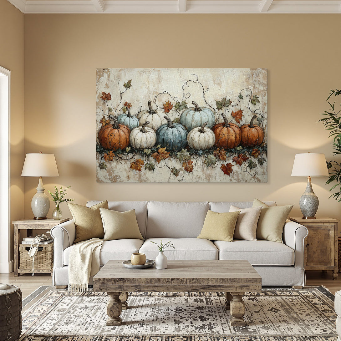 Framed Wall Art featuring vibrant pumpkins and fall leaves. Warm autumn tones create a cozy, inviting atmosphere. Perfect for seasonal home decor.