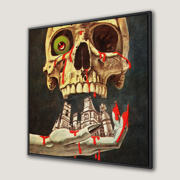 Framed Wall Art: Spooky skull with a haunted house in hand, vintage style. Dark, eerie color palette with red blood details. Perfect Halloween decor!