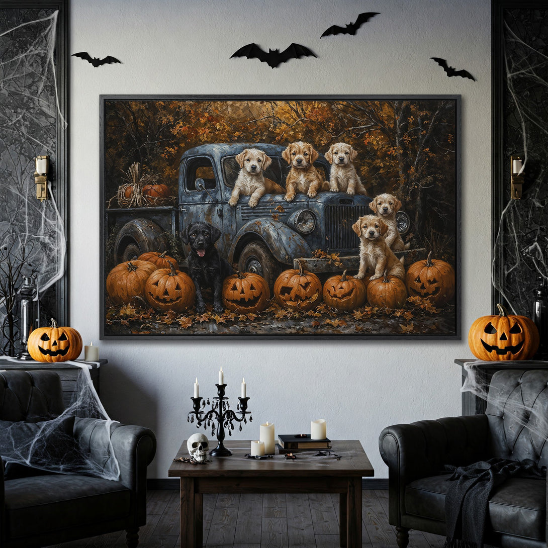 Framed Wall Art: Adorable puppies in a vintage truck with pumpkins. Warm autumn colors. Perfect Halloween decor!