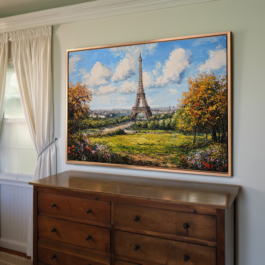 Framed Wall Art of the Eiffel Tower in Paris, Impressionist style. Features a vibrant blue sky, lush green landscape, and warm autumn hues.