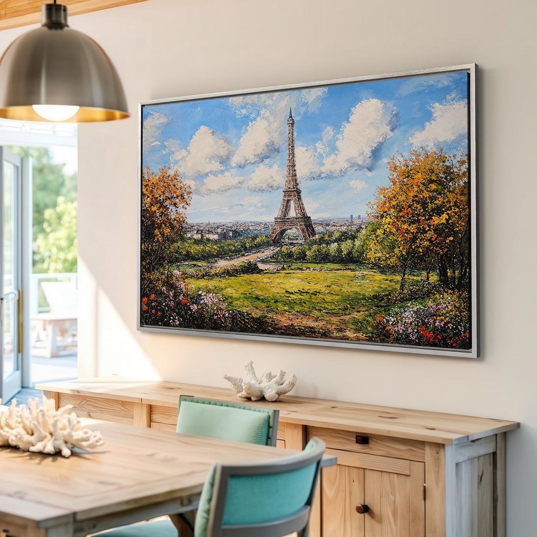 Framed Wall Art: Eiffel Tower landscape painting in a vibrant, impressionistic style. Captivating blue, green, and gold color palette. Perfect for adding a touch of Paris to your home.