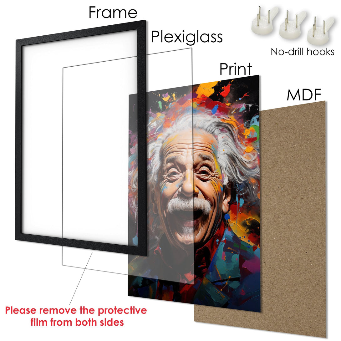 Framed Poster featuring a vibrant, colorful portrait of Einstein. Modern art style with a bold, expressive color palette. Ready to hang!