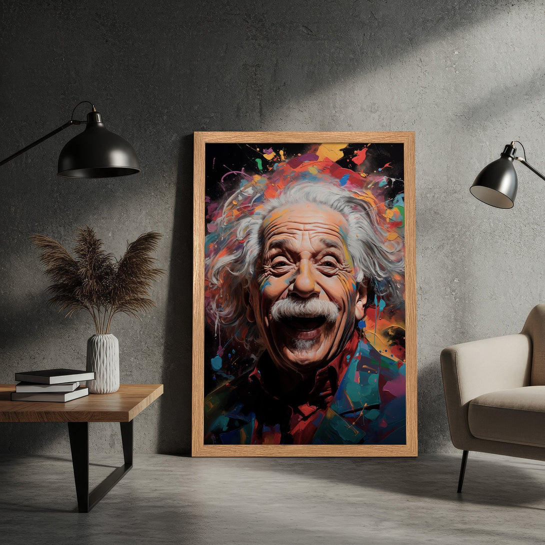 Framed Poster of Albert Einstein in a colorful, abstract style. Features a vibrant, multi-color palette. Perfect for any space!
