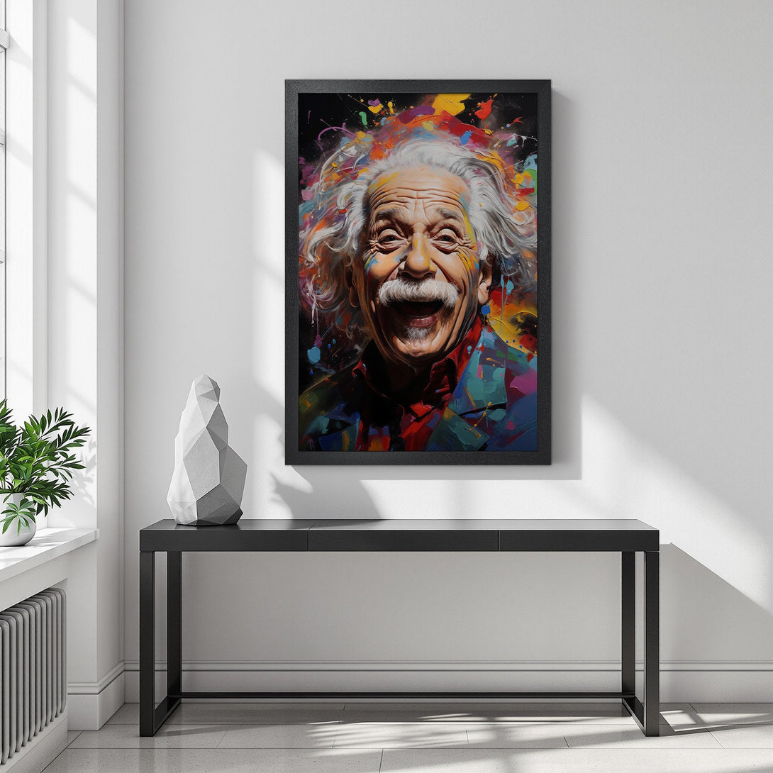 Framed Poster featuring Albert Einstein portrait in vibrant, colorful paint splash style. Perfect wall art!