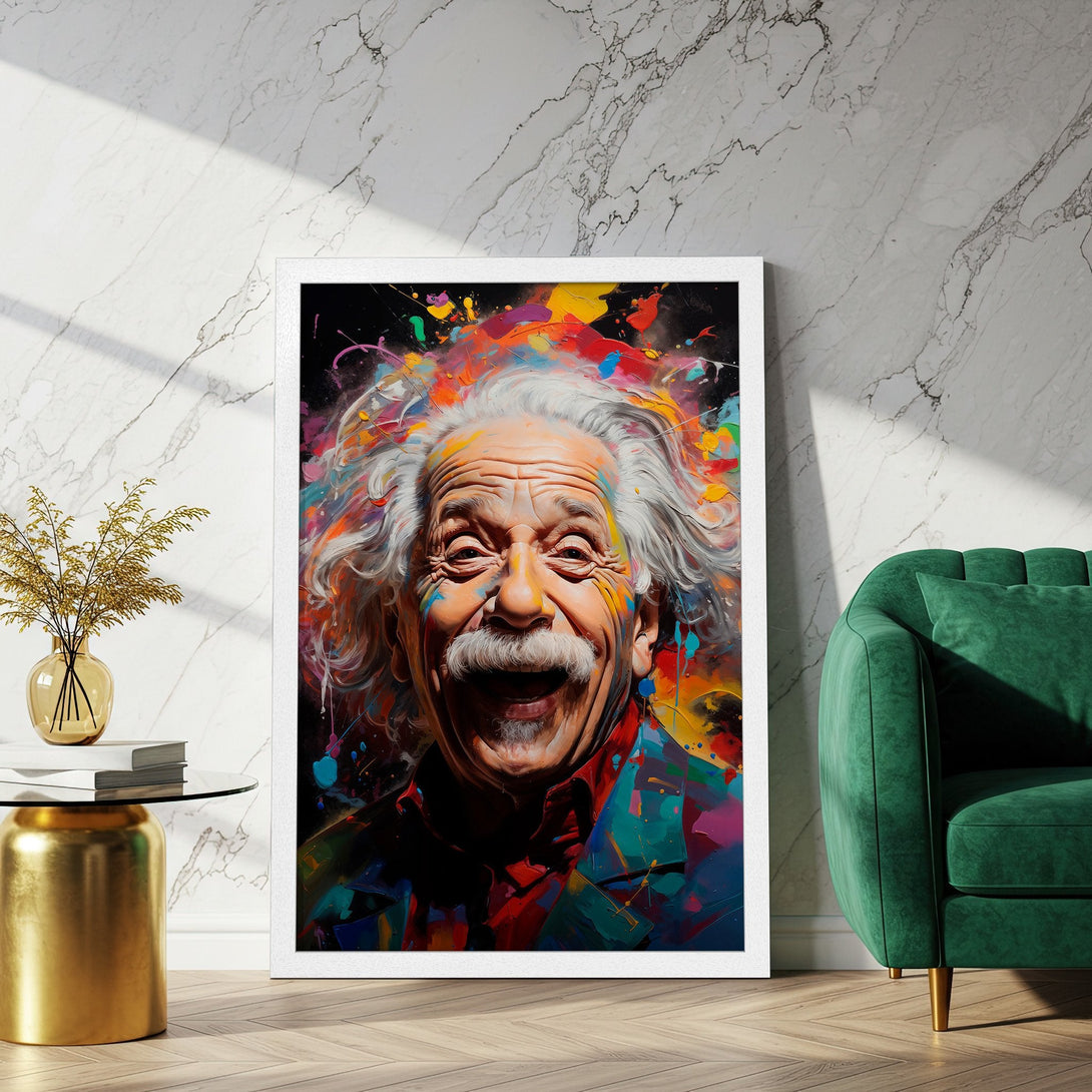 Framed Poster of Albert Einstein, vibrant abstract style with colorful paint splashes. Perfect wall art for a modern decor.
