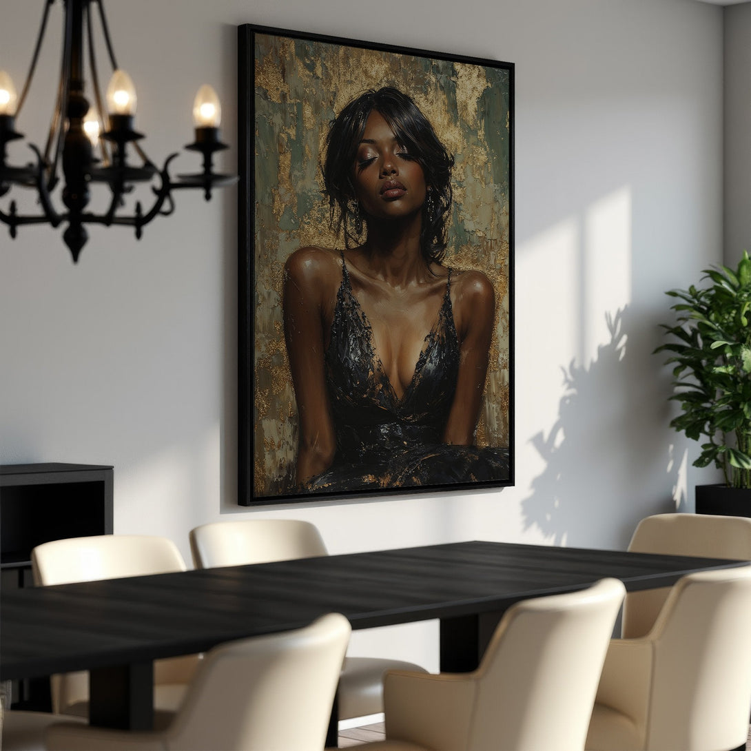 Framed Wall Art: Elegant portrait of a woman in a black dress. Features a gold and green abstract background, creating a luxurious and stylish aesthetic.