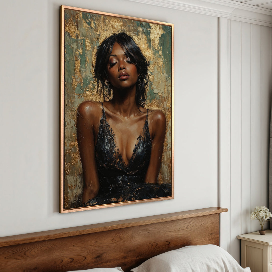 Framed Wall Art: Elegant portrait of a woman in black dress, gold and teal background. Stunning canvas print for bedroom decor.