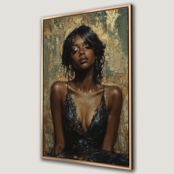 Framed Wall Art: Elegant portrait of a woman in black dress, gold and teal background. Modern Canvas Print, perfect for home decor.
