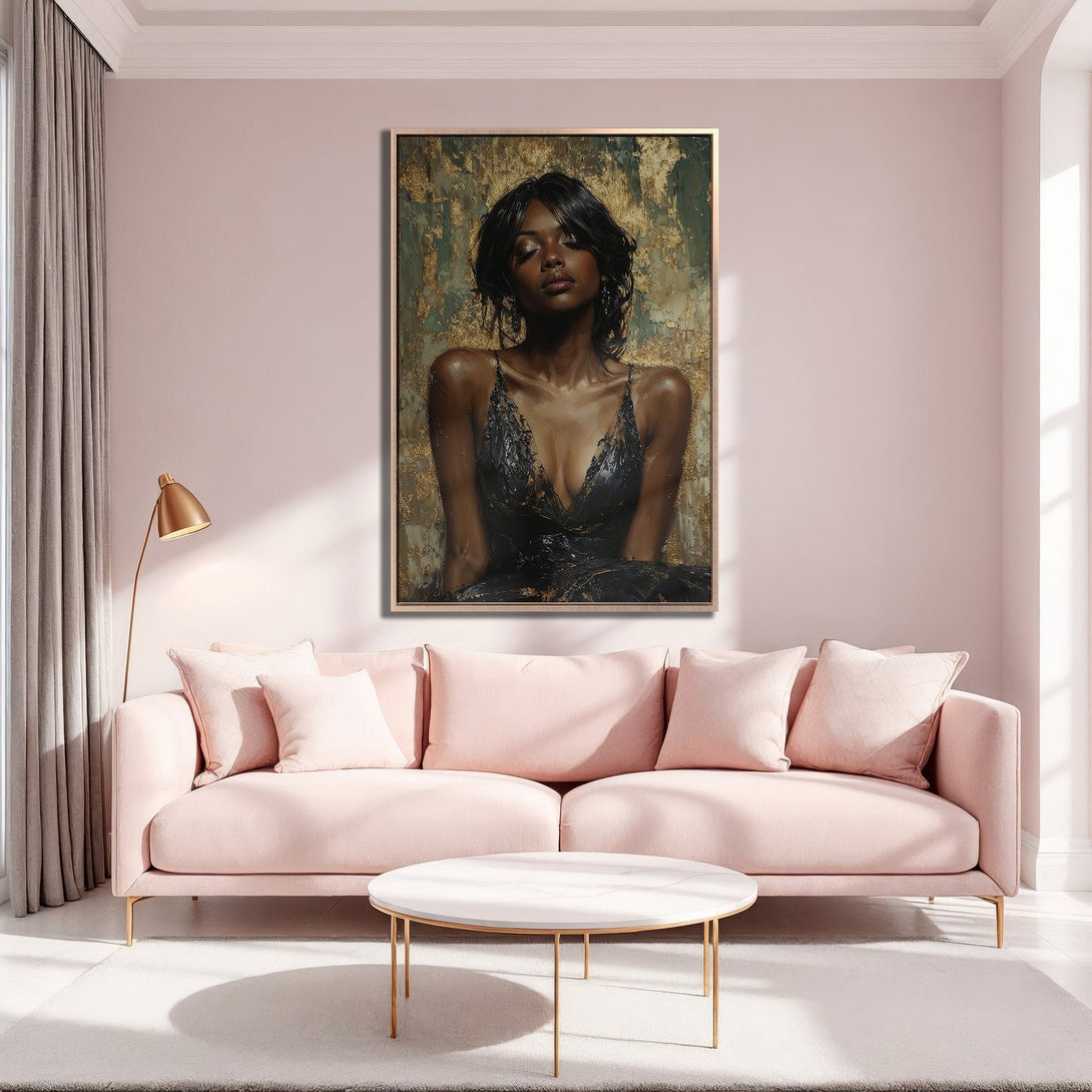 Framed Wall Art featuring a woman in a black dress with a gold and green background, displayed in a pink and gold interior, creating a luxurious and elegant feel.