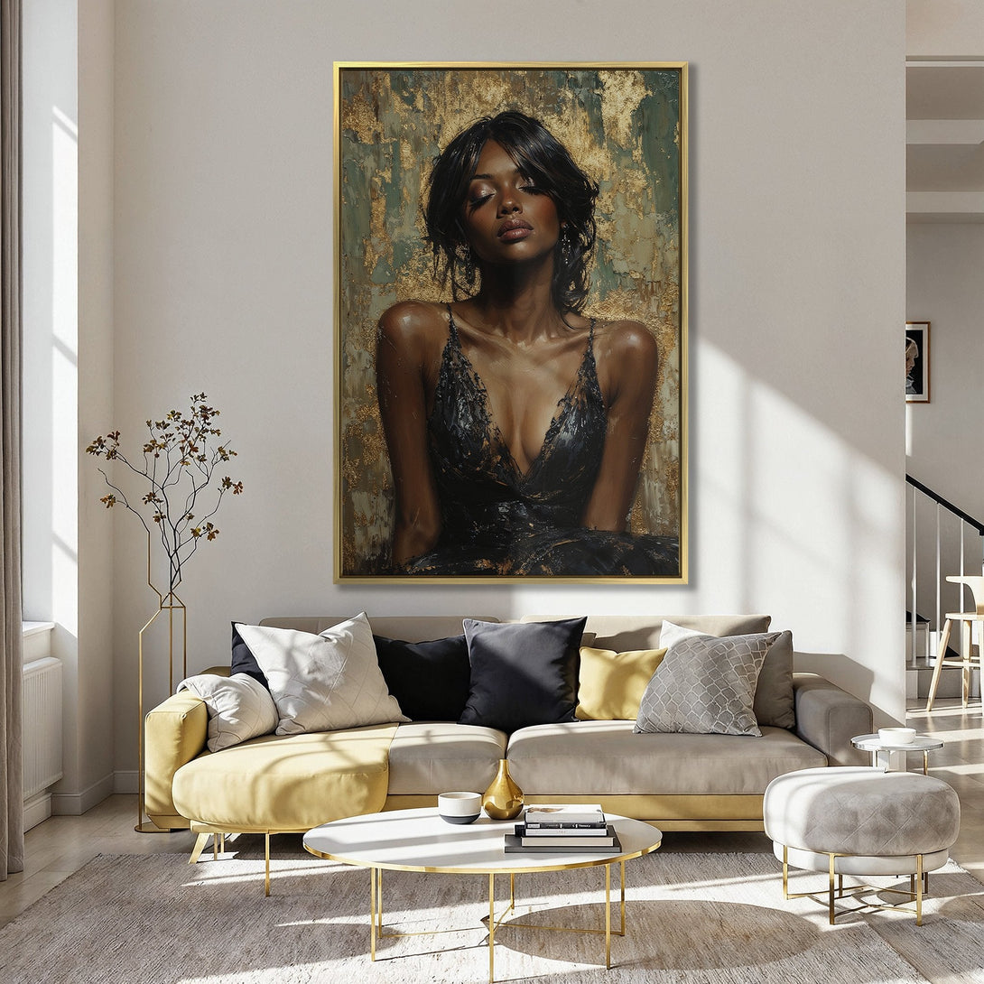 Canvas Print featuring a woman in a black dress, with gold and green abstract background. Soft, warm color palette. Perfect wall art for any room.