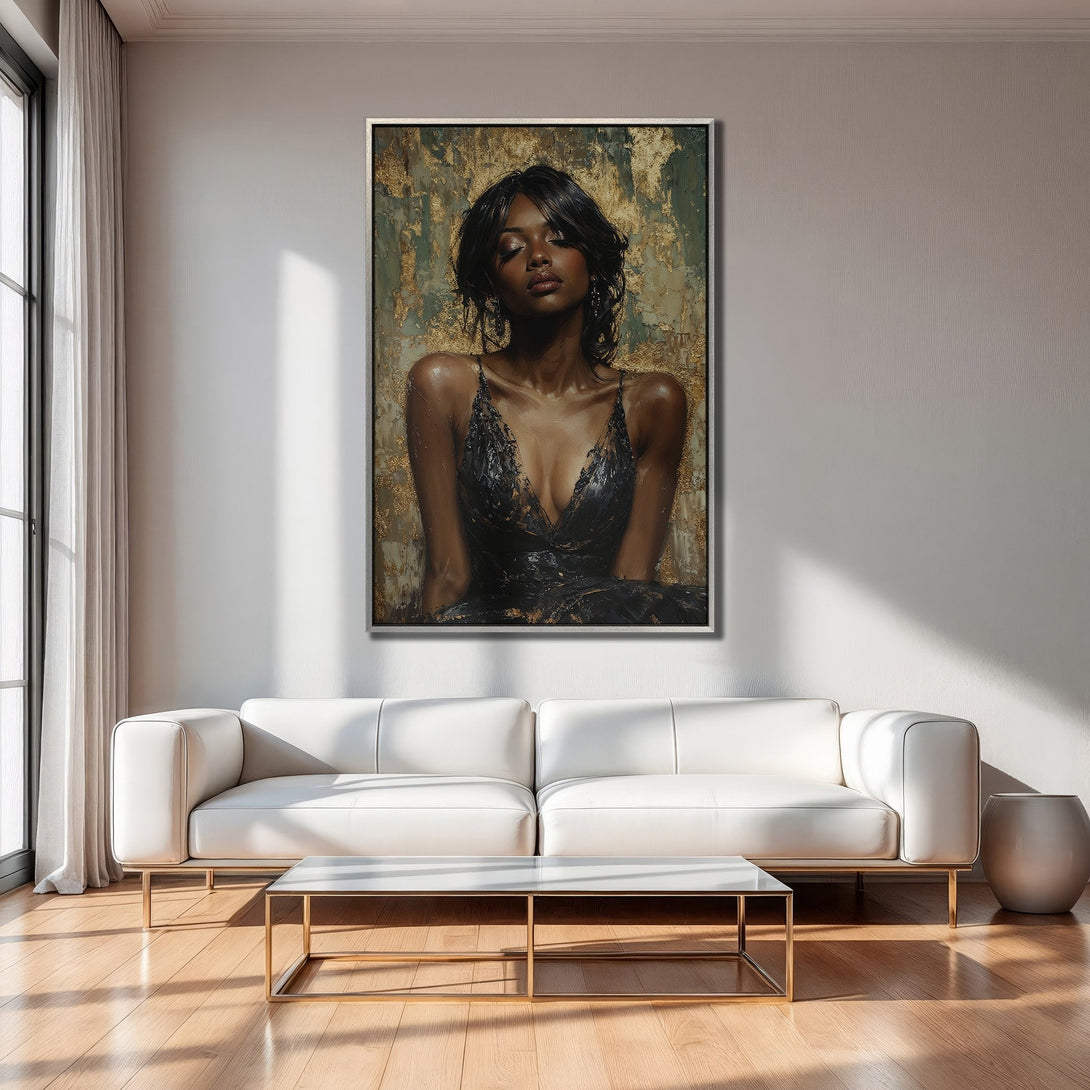 Framed Wall Art featuring a woman in a black dress, with gold and green abstract background. Modern art print, perfect for living room decor.