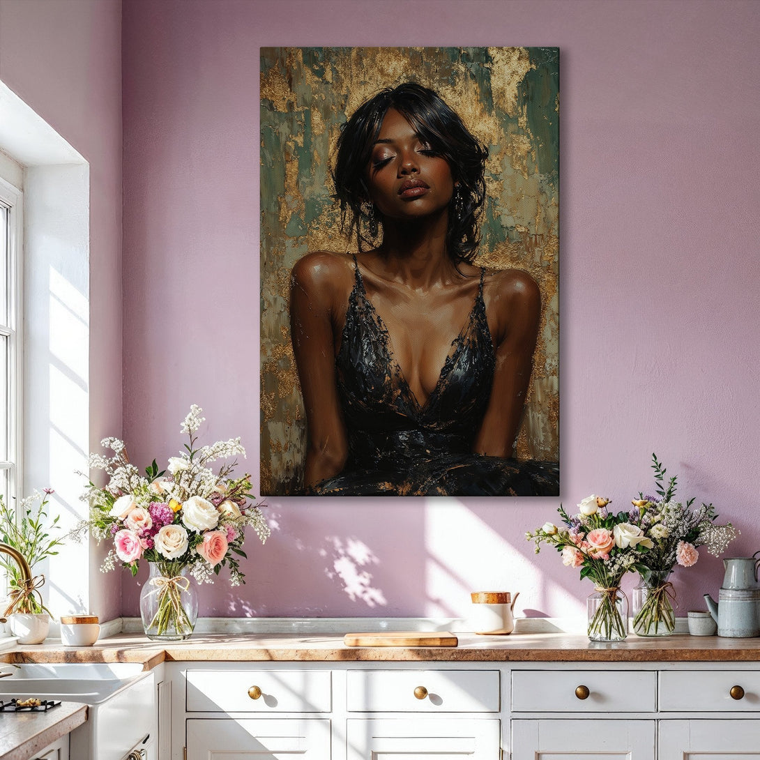 Framed Wall Art: Elegant portrait of a woman in black dress, gold and green abstract background. Luxurious art piece with a warm, inviting color palette.