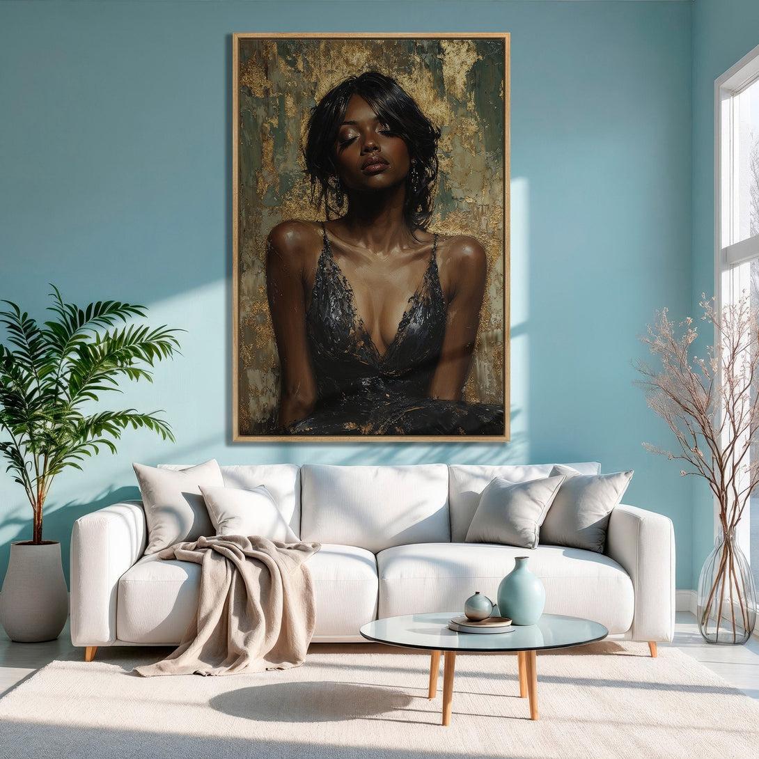 Framed Wall Art featuring a woman in a black dress, with a gold and teal color palette. Modern, elegant Canvas Print for your home decor.