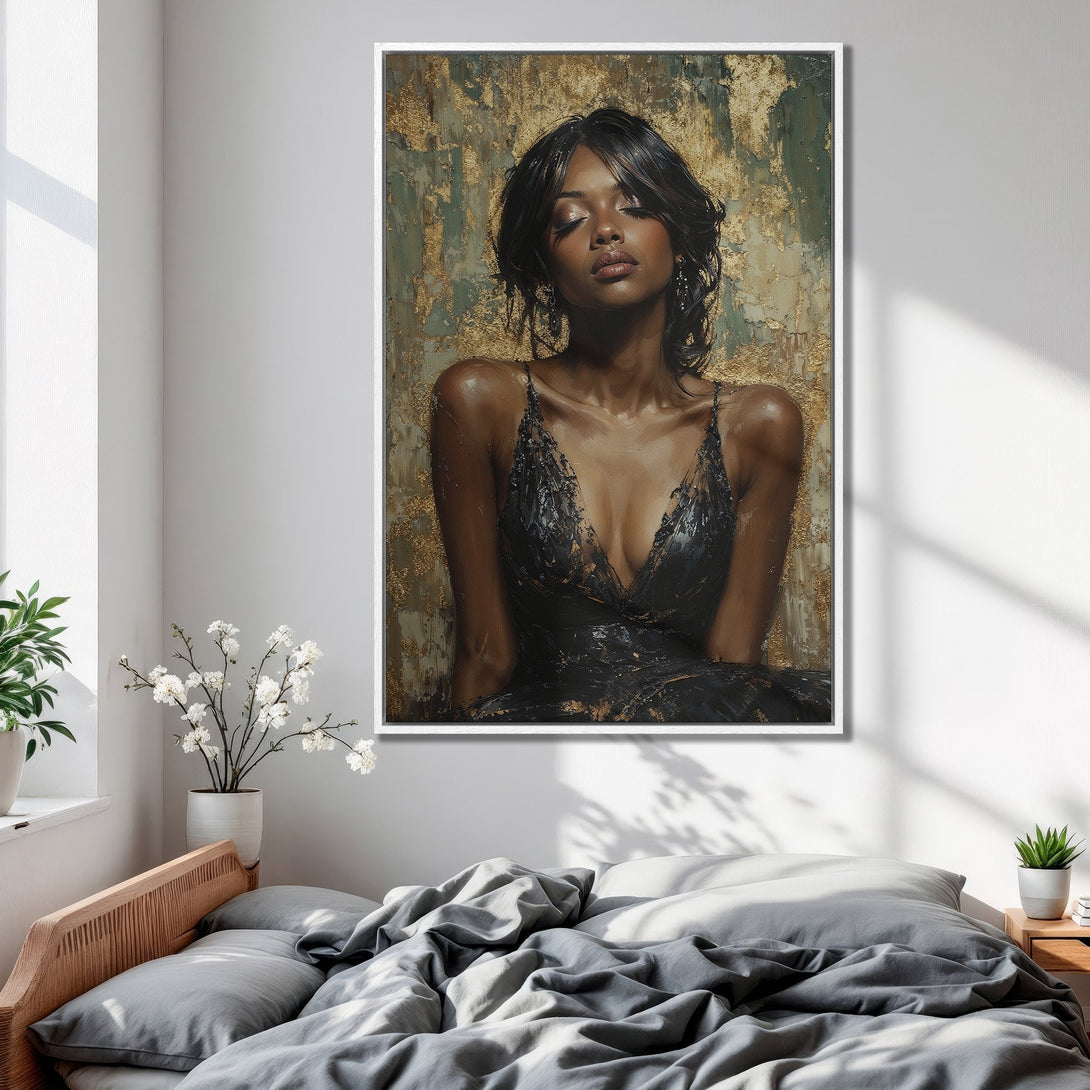 Framed Wall Art: Elegant portrait of a woman in a black dress, with a gold and green abstract background. Perfect for bedroom decor.