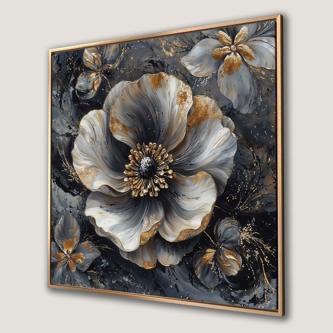 Framed Wall Art: Elegant floral print in gray, gold, and black. Modern abstract style Canvas Print for sophisticated home decor.