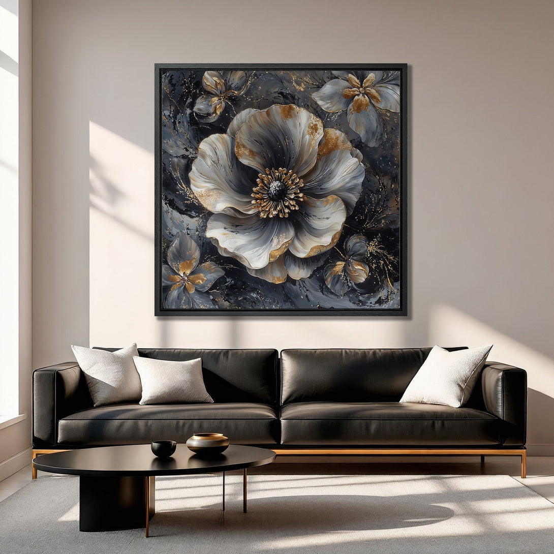 Framed Wall Art: Elegant floral canvas print in gray, gold, and black. Modern abstract art for living room decor. Shop now!