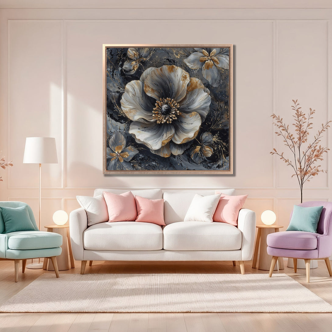 Framed Wall Art: Abstract floral painting in gray, gold, and white. Modern decor with neutral color palette, perfect for living room or bedroom.