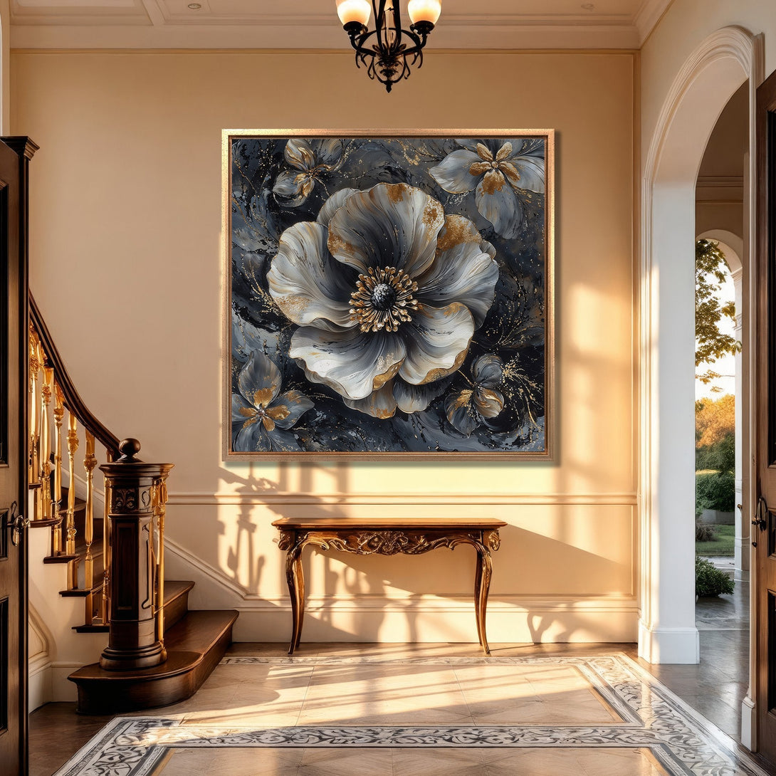 Framed Wall Art: Stunning floral Canvas Print in a modern style, featuring a gray, gold, and black color palette. Perfect for adding elegance to your home decor.