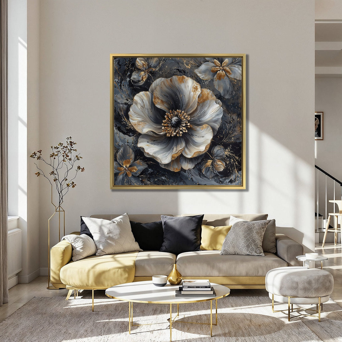 Canvas Print of a floral abstract art piece with gold accents, in a modern interior. Features a grey, white, and gold color palette.