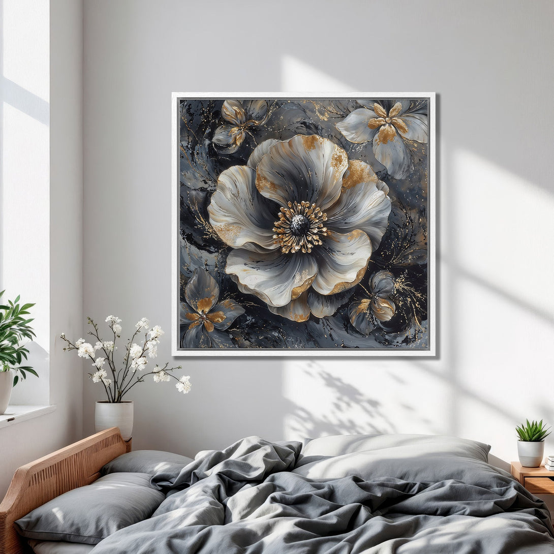 Framed Wall Art: Abstract floral canvas print in gray, gold, and black. Modern art for bedroom decor. Elevate your space with this stunning piece.