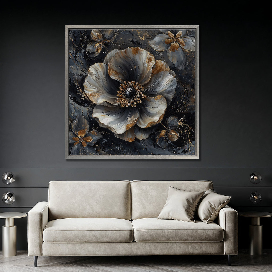 Framed Wall Art: Elegant floral canvas print in a modern style. Features a dark, moody color palette with gold accents. Perfect for sophisticated home decor.