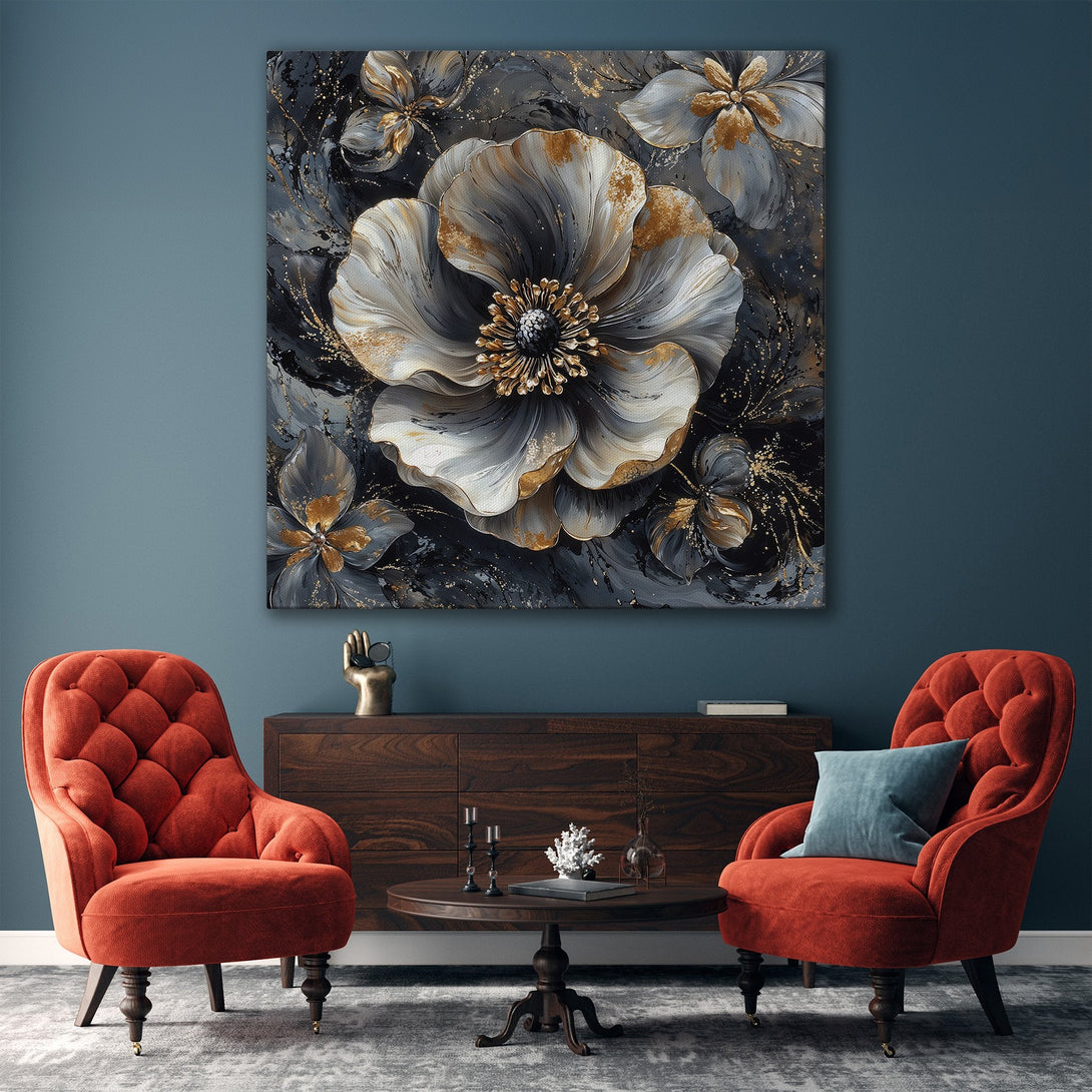 Framed Wall Art: Abstract floral Canvas Print in gold, gray, and black. Modern art for living room decor. Adds elegance and style.