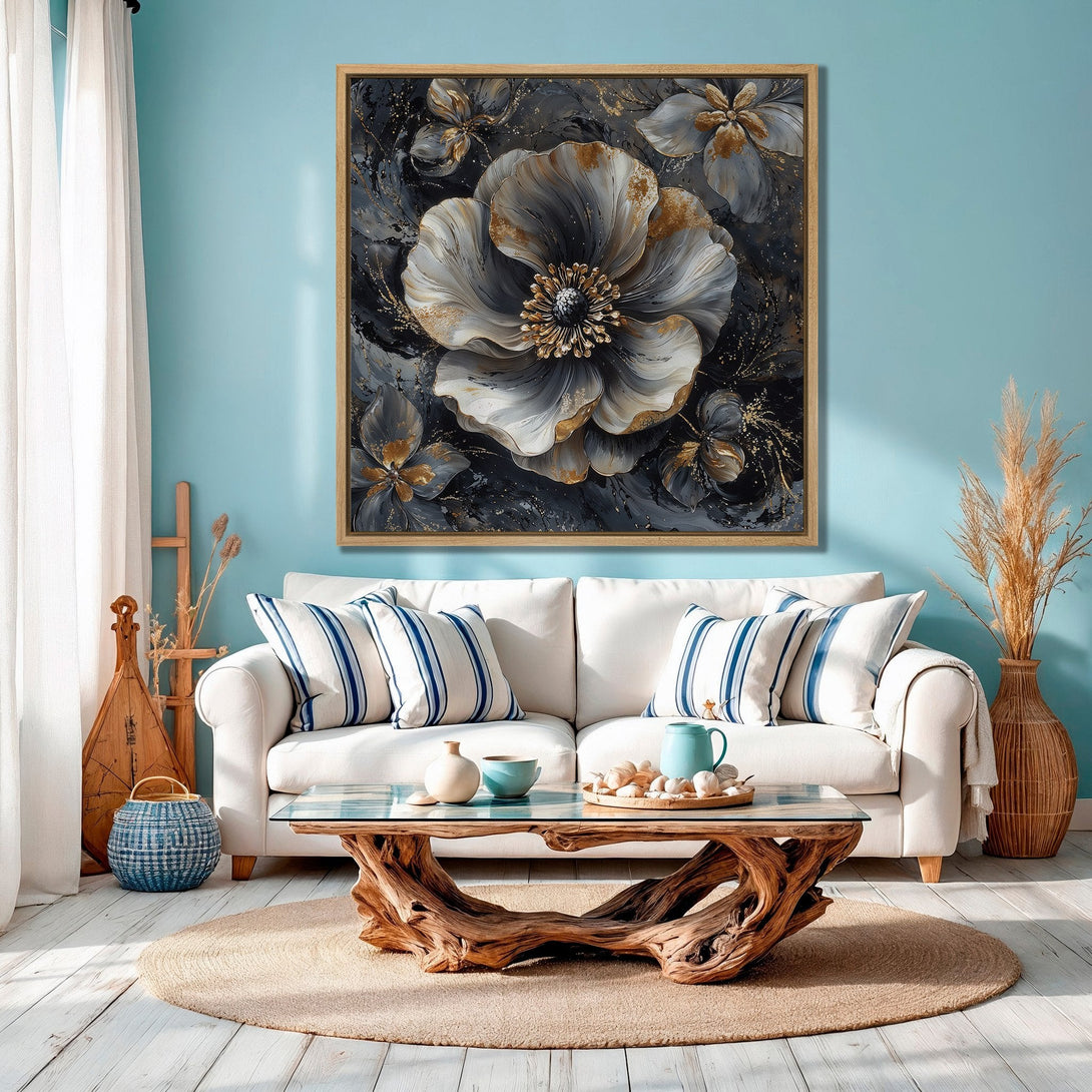 Framed Wall Art: Elegant floral artwork in gray, gold, and black. Modern canvas print adds a touch of luxury to any interior. Shop now for stunning wall decor!