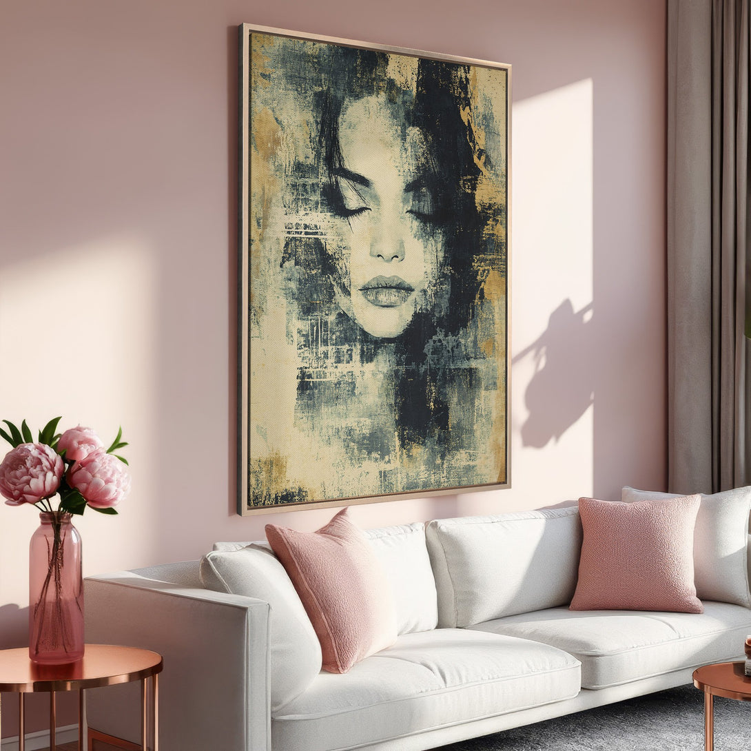 Framed Wall Art: Abstract woman portrait in blue, beige, and gold. Modern art canvas print adds elegance to any interior with a blush pink color scheme.