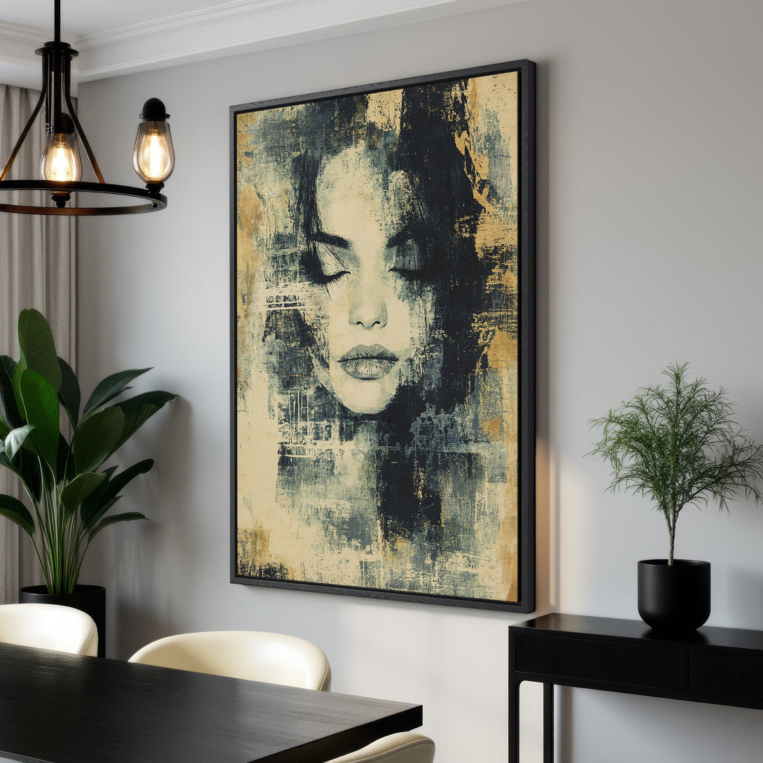 Framed Wall Art featuring an abstract portrait in a modern interior. Moody color palette with black, gold, and blue tones. Enhance your space with this stunning Canvas Print.