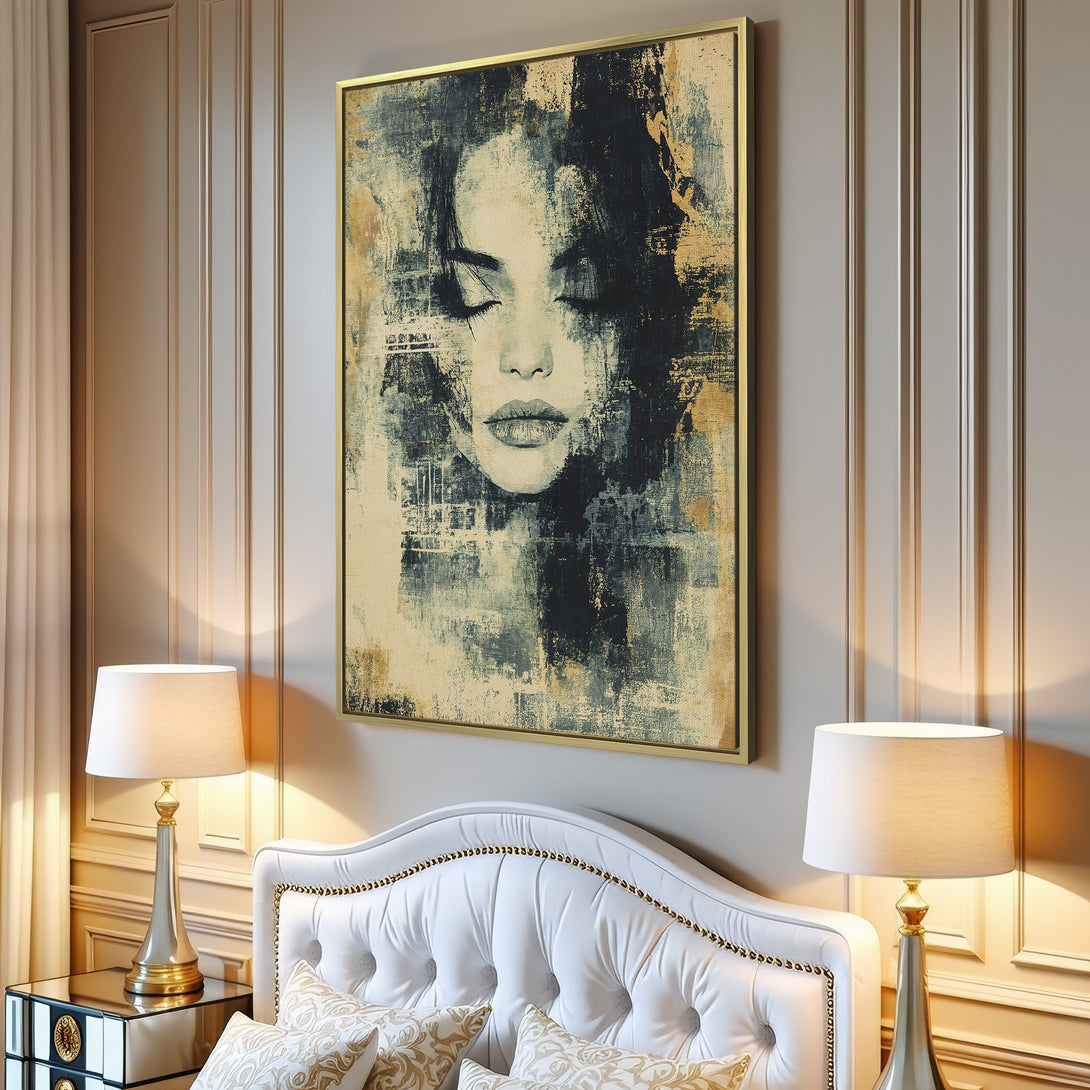 Canvas Print of a woman's face in abstract style, featuring a muted blue and beige color palette. Perfect for modern home decor.