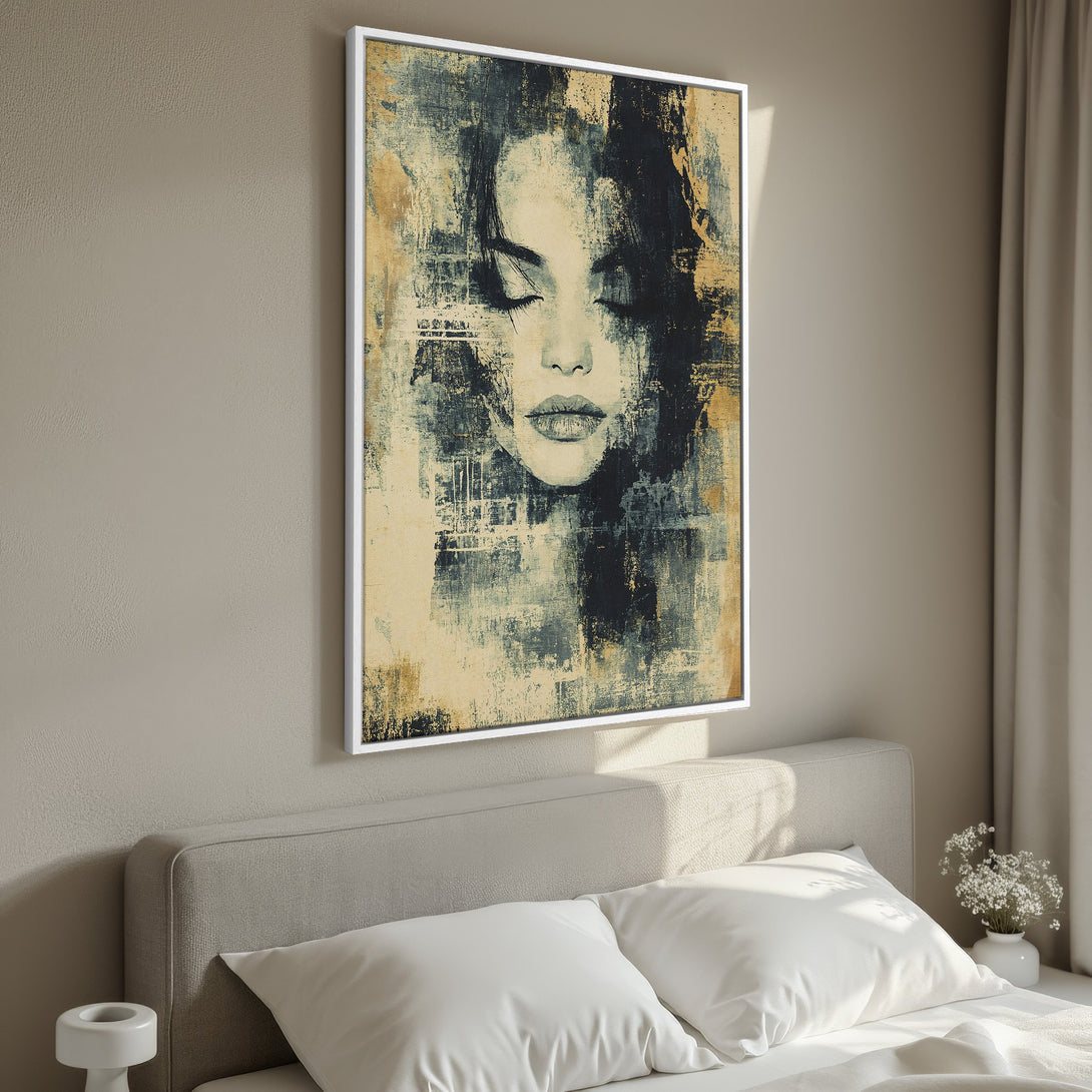 Framed Wall Art featuring a woman's face in an abstract style. Earthy color palette with beige, black, and gold tones. Perfect for bedroom decor.