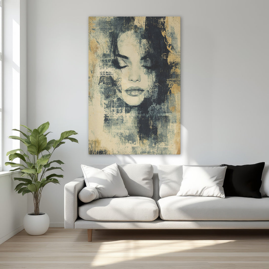 Framed Wall Art featuring an abstract portrait in a gold and teal color palette. Modern art canvas print adds elegance to bedroom decor.