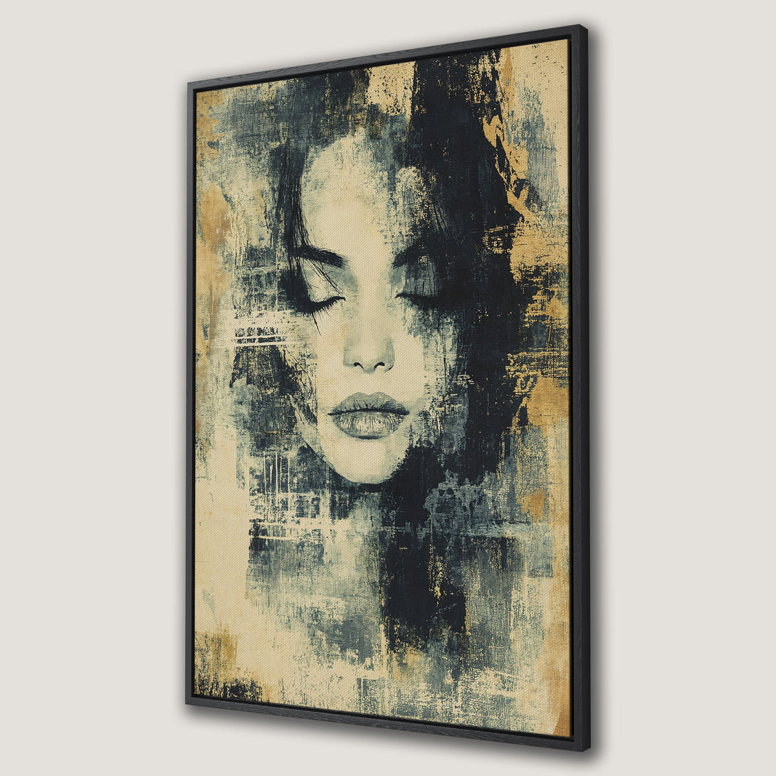 Framed Wall Art: Abstract portrait of a woman with closed eyes. Modern art in a muted, textured style. Features a calming palette of beige, navy, and gold.