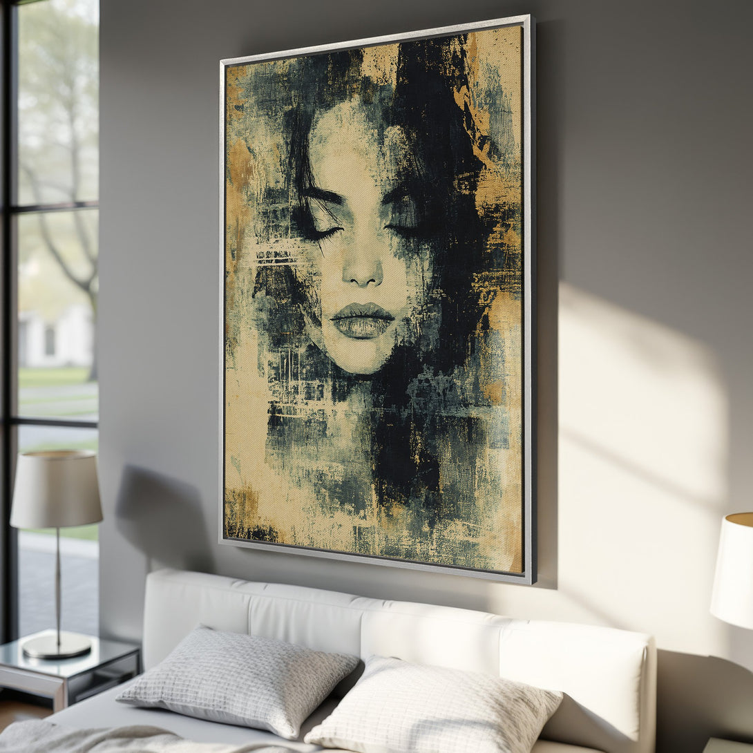 Framed Wall Art Canvas Print of a woman's face in abstract style. Features a muted color palette with gold, black, and teal tones. Perfect for bedroom decor.