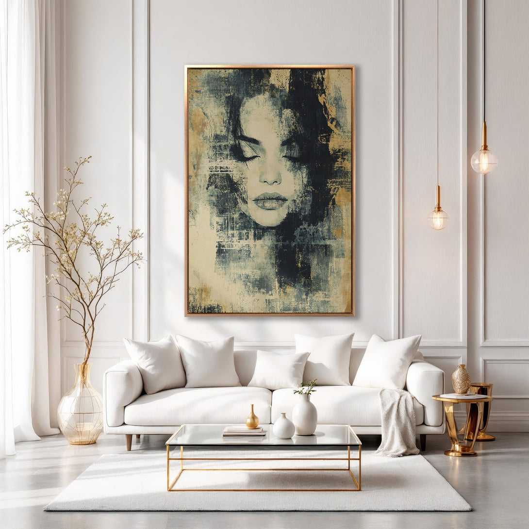 Framed Wall Art featuring an abstract woman's face in a modern, neutral color palette. Elevate your space with this elegant canvas print.