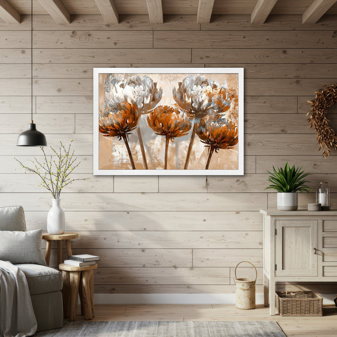 Framed Poster featuring abstract floral art in warm orange and neutral tones, perfect for adding a touch of modern elegance to your home.