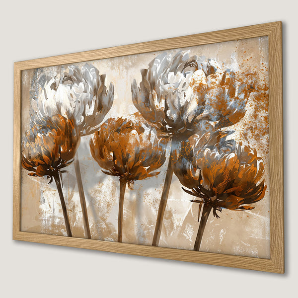 Framed Poster featuring abstract floral art in warm earth tones. Perfect wall decor!