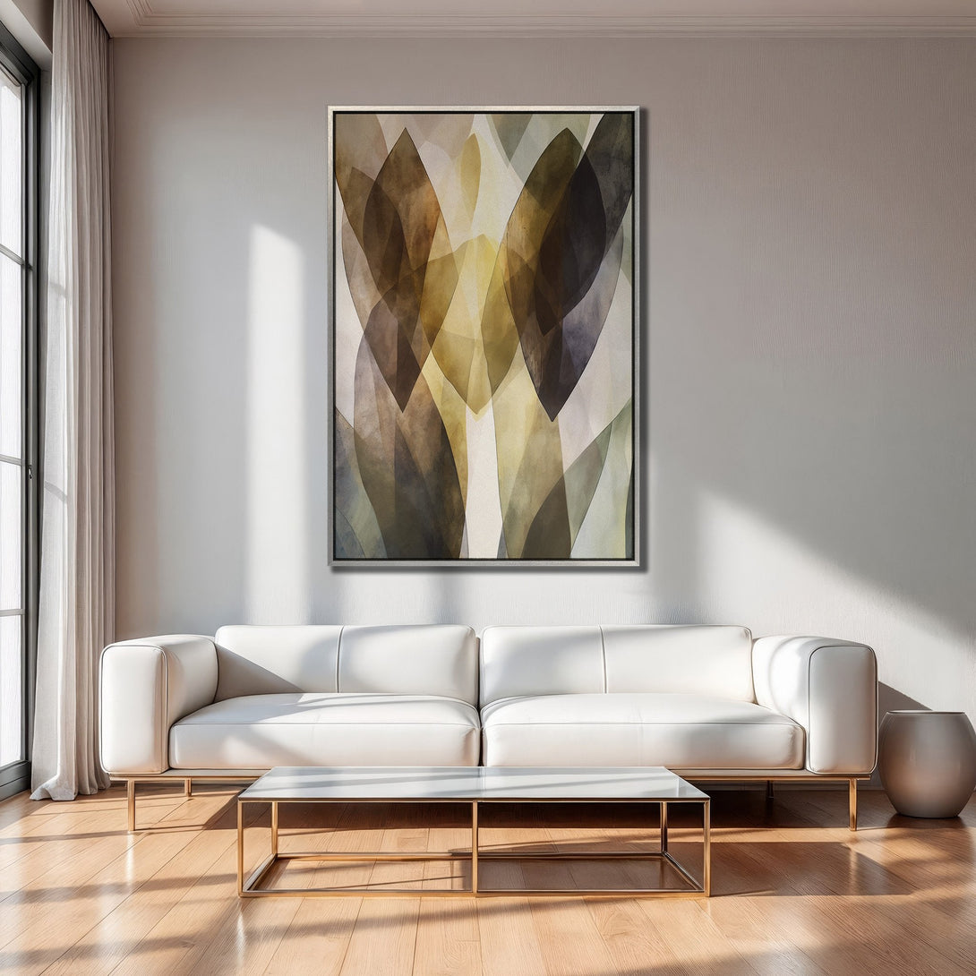 Framed Wall Art featuring an abstract leaf design in muted earth tones, displayed in a modern living room. Elevate your space with this stylish canvas print!