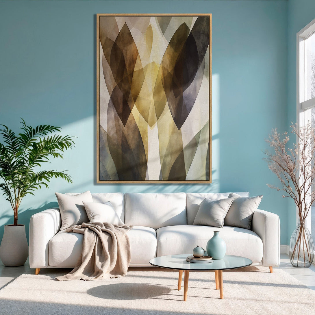 Framed Wall Art featuring abstract leaf design in warm brown and yellow tones, perfect for modern living room decor.