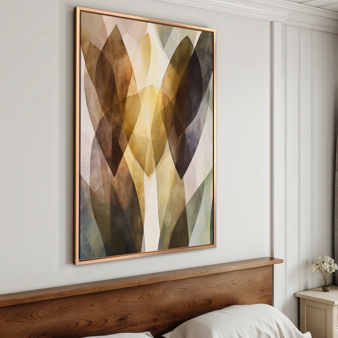 Framed Wall Art: Abstract leaf design in warm earth tones. Modern art canvas print for bedroom decor, featuring a gold frame and neutral color palette.