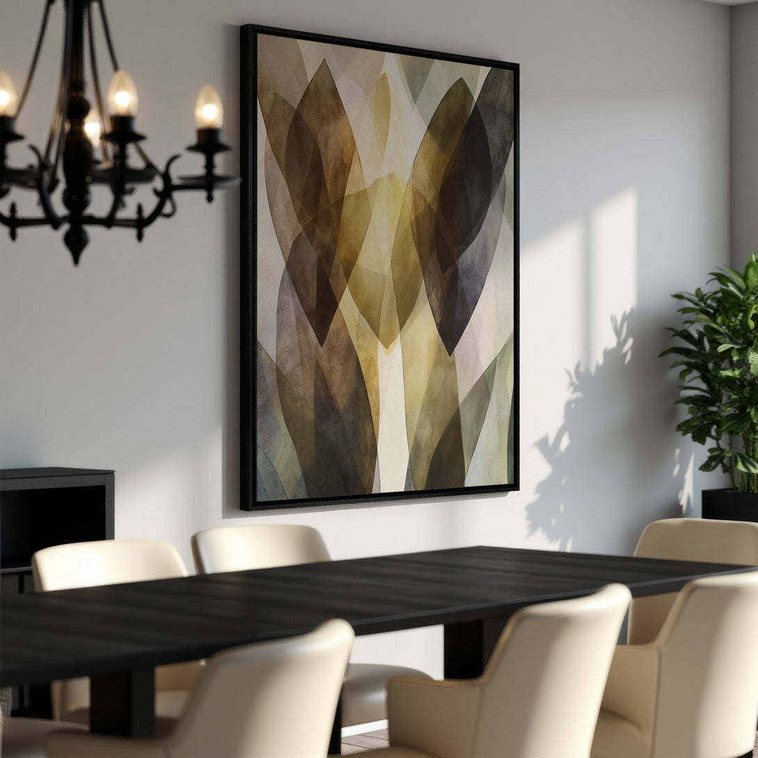 Framed Wall Art featuring abstract leaf design in warm, earthy tones. Perfect for adding a touch of modern elegance to your dining room.
