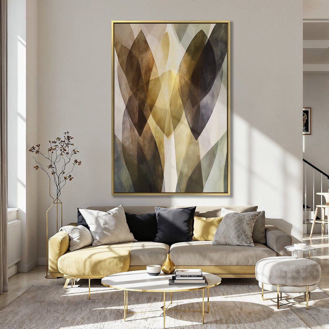 Canvas Print abstract art with warm, earthy tones. Modern wall decor in a kitchen setting with a pink wall.